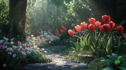 Aufkleber - Serene garden path adorned with vibrant tulips and lush greenery in a sunlit woodland setting