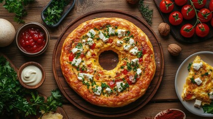 Poster - Turkish menemen with cheese omelette and fresh vegetables beautifully presented on a rustic wooden table top