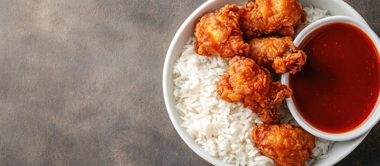 Aufkleber - Crispy Asian fried chicken on fluffy white rice with rich gravy sauce in a white bowl against a textured gray background with space for text