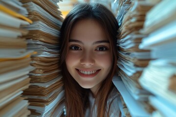 Aufkleber - A happy woman with a smile looks directly at the camera