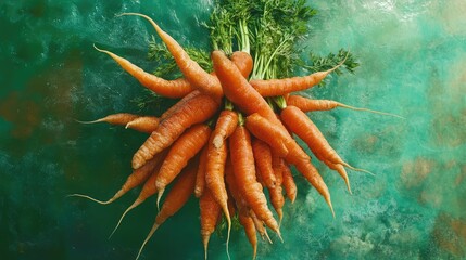 Poster - Bunch of fresh orange carrots arranged artistically on a rich vibrant green background showcasing organic farming and healthy eating concepts