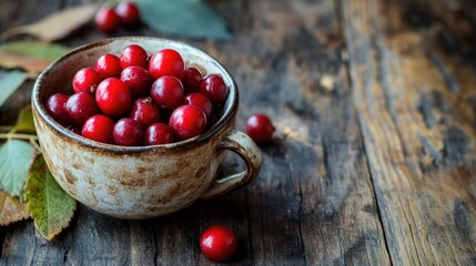 Poster - Turkey berry in a rustic cup on a wooden surface surrounded by natural leaves and red fruits showcasing vibrant colors and textures.