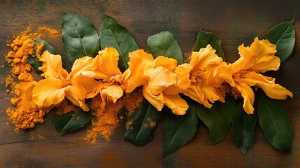 Fototapete - Turmeric flowers turmeric powder and leaves arranged beautifully on a rustic wooden surface showcasing natural beauty and spice benefits