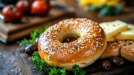 Poster - Turkish Bagel with Cheese Olives and Tomatoes on a Wooden Board Surrounded by Fresh Ingredients