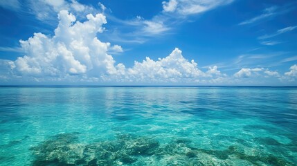 Poster - Serene Tropical Ocean Landscape with Crystal Clear Waters and Vibrant Cloudy Sky