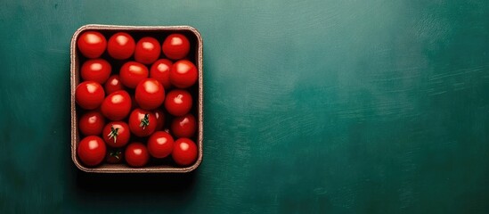 Poster - Vibrant red cherry tomatoes arranged in a grid container against a rich dark green background with ample negative space for text insertion.