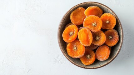 Poster - Dried persimmon fruits in a rustic bowl showcasing their vibrant orange color on a light background top view.