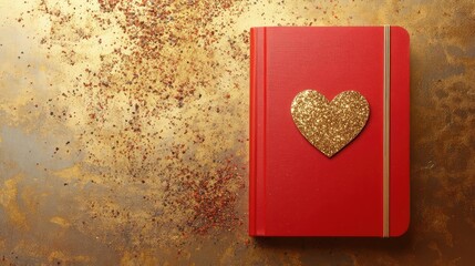 Poster - Elegant flat lay of a vibrant red notebook adorned with a sparkling golden heart on a luxurious shimmering gold backdrop with glitter particles.