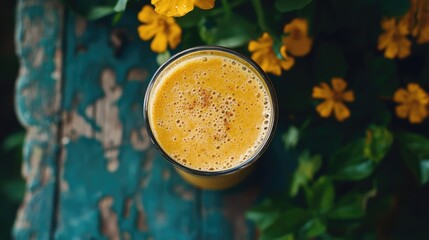 Poster - Healthy fresh vegetable smoothie in a clear glass on a rustic blue table surrounded by vibrant yellow flowers and green leaves, top view.