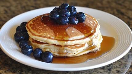 Poster - Delicious stack of golden pancakes drizzled with rich syrup and topped with fresh blue blueberries on a white plate against a textured granite background