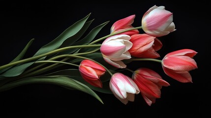 Poster - Vibrant bouquet of tulips in red, pink, white, and lilac varieties showcasing their beauty against a dark backdrop. Perfect for any floral design.