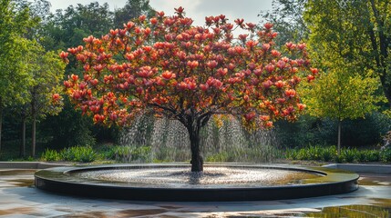 Aufkleber - vibrant tulip tree fountain surrounded by lush greenery in a tranquil park setting