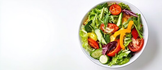 Aufkleber - Colorful top view of a vibrant salad featuring fresh green lettuce, red tomatoes, orange bell peppers, and cucumbers in a white bowl on white background, healthy eating concept with empty space for te