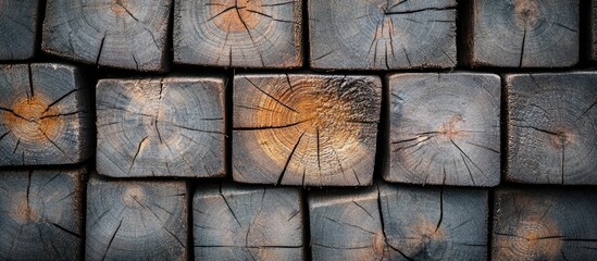Poster - Textured wooden block wall with natural grain patterns perfect for enhancing rustic interior design aesthetics and projects