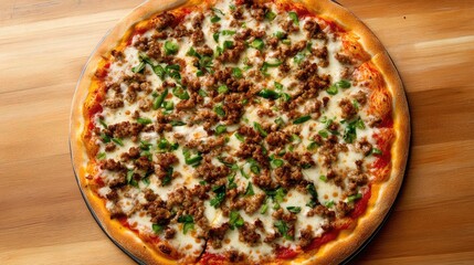 Aufkleber - Aerial view of a delicious large round pizza topped with savory sausage and green bell peppers on a wooden table background with blank space for text
