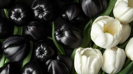 Poster - Elegant black and white tulips on a dark background showcasing a modern floral composition in nature's simplicity.