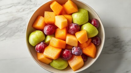 Aufkleber - Bowl of vibrant Darnel apples, cantaloupe cubes, and plums featuring bright green, orange, and purple hues on a marble surface