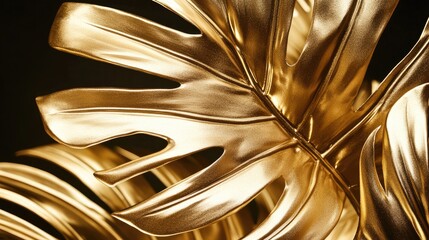 Leinwandbilder - Gold tropical leaves on a dark background showcasing abstract leaf design for elegant decor and artistic presentations.
