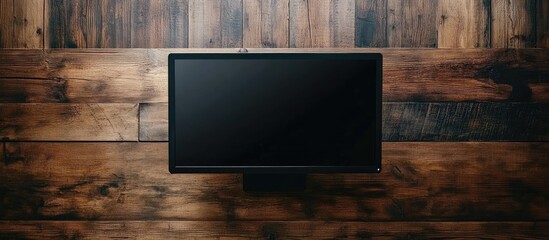 Aufkleber - Aerial view of a modern black monitor on a rustic wooden table with ample negative space for text and branding elements.