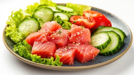 Aufkleber - Tuna and fresh vegetable salad plated with cucumbers tomatoes and lettuce showcasing a healthy eating concept for a nutritious meal