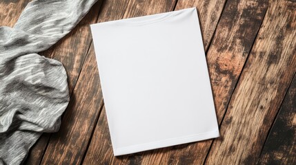 Poster - Blank white mockup template positioned on diagonal rustic wooden background with soft gray fabric, ideal for promoting lifestyle sportswear brands.