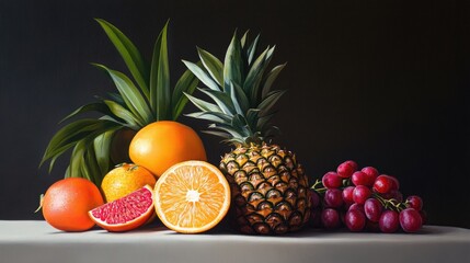Aufkleber - Vibrant tropical fruits composition featuring pineapple, oranges, and grapes against a plain dark background for a fresh and inviting look