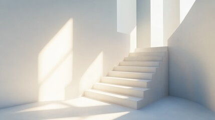 Fototapete - Minimalist Abstract Interior Design with White Walls and Sunlit Stairs Highlighting Light and Space for Creative Solutions and Climate Awareness