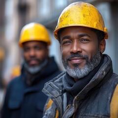 Aufkleber - Two men wearing hard hats standing side by side, possibly at a construction site or industrial setting