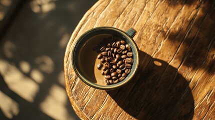 Poster - Sunlit Coffee Cup with Whole Beans on Rustic Wooden Table Top View in Warm Earthy Tones