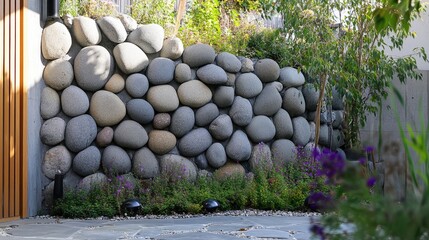 Poster - Natural stone wall design integrated with greenery for unique landscaping and interior decoration solutions in modern environments.