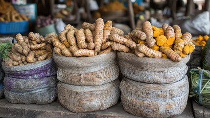 Poster - Turmeric Rhizomes Displayed in Traditional Market Baskets Fresh Organic Spice for Culinary Uses