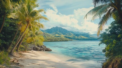 Aufkleber - Tropical island beach with palm trees and lush mountains under blue sky in serene landscape scene