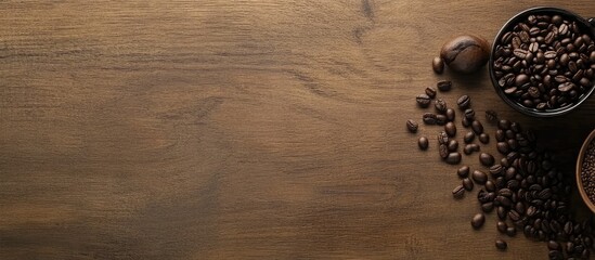 Poster - Top view of roasted coffee beans in black bowls and a white cup on a rustic brown wooden table with ample negative space for text inclusion