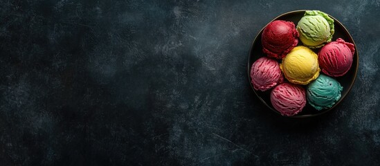 Aufkleber - Colorful Gelato Scoops Arrangement in Round Bowl on Dark Textured Background with Space for Branding or Text Elements