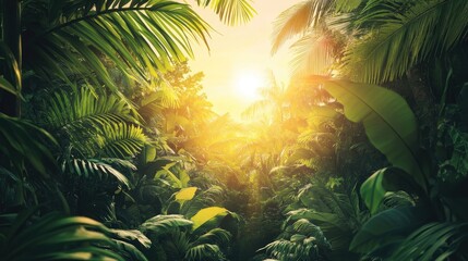 Aufkleber - Lush tropical forest at sunrise with vibrant greenery and golden sunlight illuminating a serene natural landscape