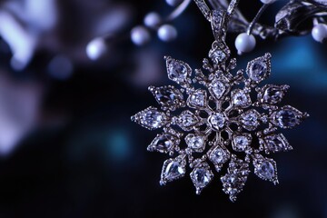 Poster - A delicate diamond-shaped snowflake hangs from a bare tree branch, with winter scenery in the background