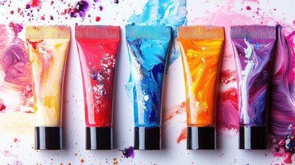 Aufkleber - Vibrant tubes of oil paint arranged on a white surface with colorful swirls of paint in the background showcasing artistic creativity.