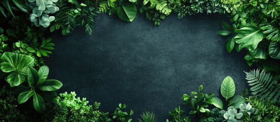 Poster - Top View of Lush Green Foliage with Dark Background Design for Freelance Website Template Featuring Blank Space for Text and Coding Elements
