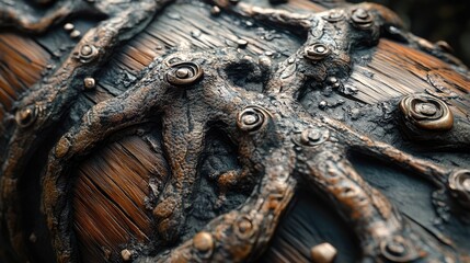 Fototapete - Wooden trunk texture with intricate root patterns showcasing natural details and rich tones for artistic and design applications.