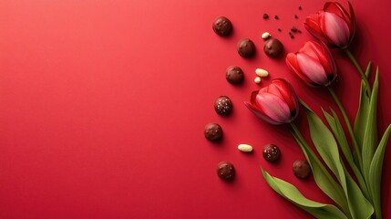 Aufkleber - Tulips and assorted chocolate candies beautifully arranged on a vibrant red background for a romantic or festive mood