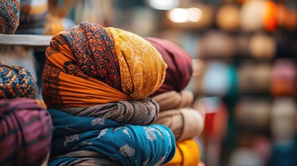 Aufkleber - traditional turban display in market with blurred colorful background of fabrics and textiles
