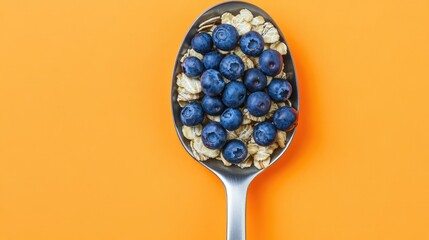 Poster - High angle view of a silver spoon filled with creamy oatmeal and fresh blueberries on a vibrant orange and off-white textured background.