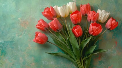 Aufkleber - Colorful tulip bouquet arranged on a mottled green background showcasing vibrant red and white petals from an aerial perspective