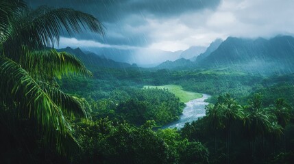 Poster - Tropical rainforest landscape with rain over lush valley mountains and river in serene natural environment