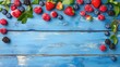 © -Quantum Pixels- - Delicious ice cream adorned with fresh berries on a rustic blue wooden table background ideal for summer dessert promotions