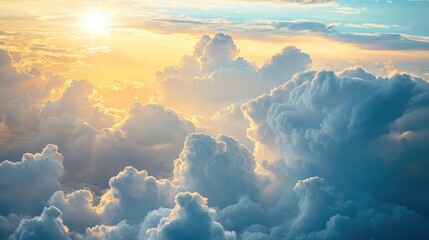 Poster - Sunlight illuminating fluffy clouds from an airplane window, creating a serene and dreamy sky background, symbolizing freedom and adventure.