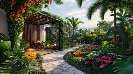 Aufkleber - lush tropical garden showcasing vibrant flowers and lush vines with winding pathways and serene ambi