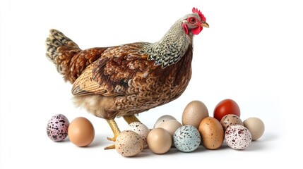 Poster - Turkey chicken and quail eggs displayed with a hen on a clean white background for culinary or agricultural themes