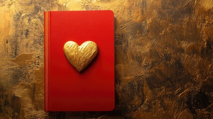 Poster - Red notebook featuring a textured golden heart positioned on a shimmering golden background, emphasizing elegance and warmth in a minimalist setting.