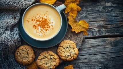 Poster - Turmeric latte with cookies on rustic table surrounded by autumn leaves Soft light enhances warm cozy feel of a fall morning